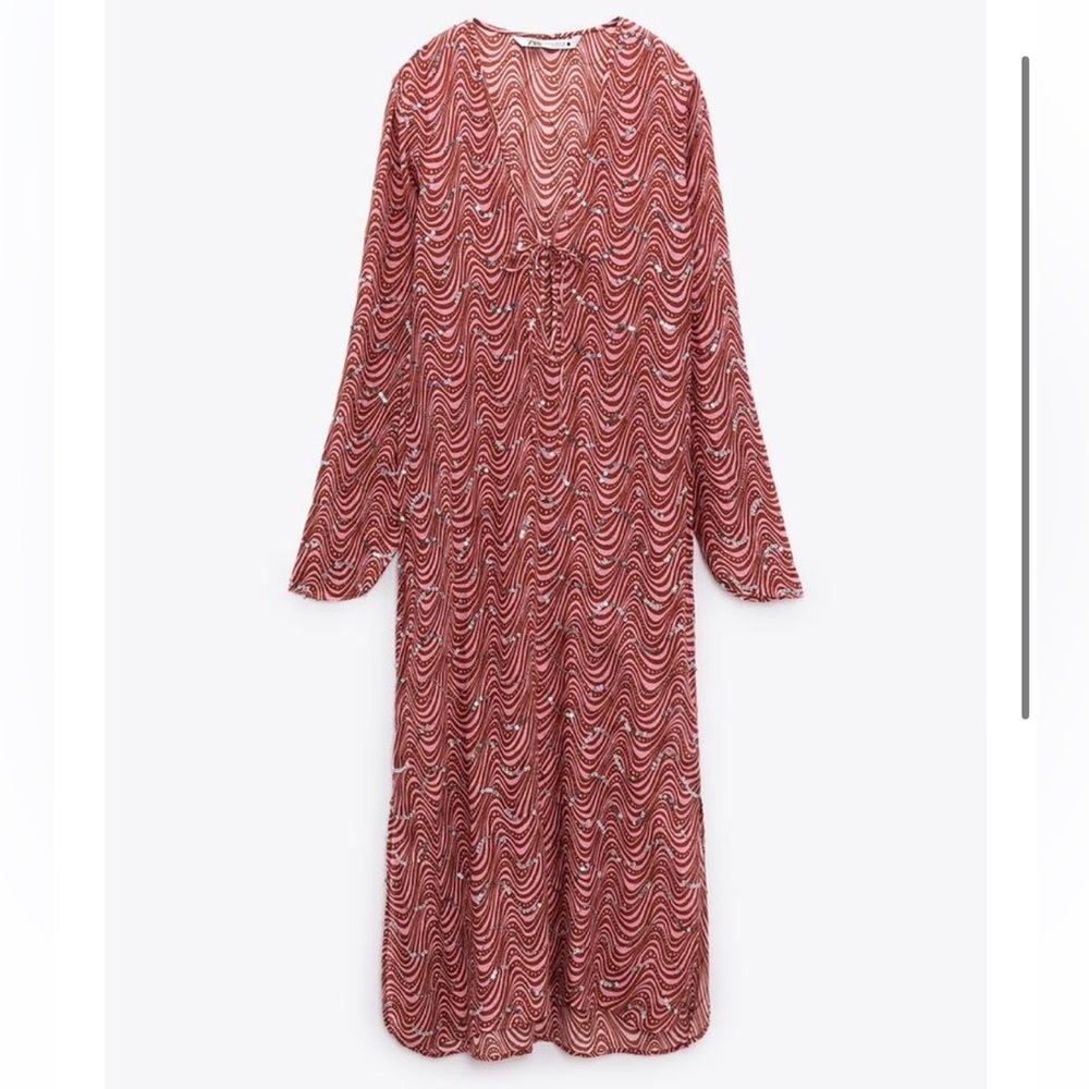 Red and Pink Patterned Beaded Long Sleeve Midi Dress